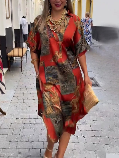 Retro Satin Print V-Neck Shirt Midi Dress