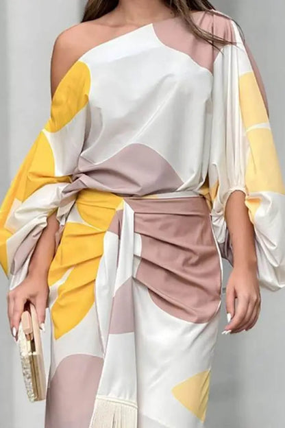 Fashionable Elegant Printed Ruched Lantern Sleeve Loose Blouse