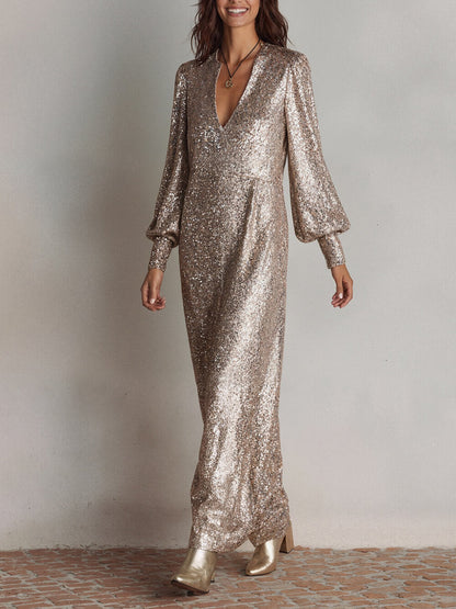 Exquisite Sequin Slit Long-Sleeve Party Maxi Dress