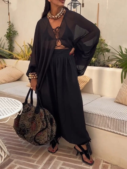 Elegant Sheer Lace-Up Loose Blouse