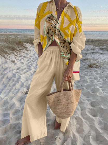 Modern Casual Leopard Print Oversized Shirt and Elastic Waist Pocket Pants Set
