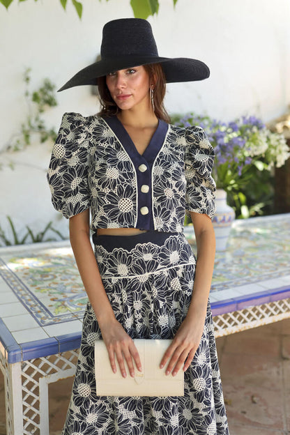 Retro Floral Print Puff Sleeve Top High-Waisted Pocket A-line Midi Skirt Set