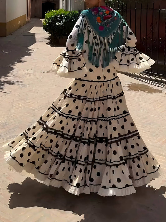 Exquisite Polka Dot Print Ruffle-Trim Flare-Sleeve A-Line Maxi Dress