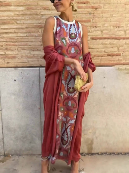 Elegant Printed Round Neck Tank Dress with Cape Two-Piece Set