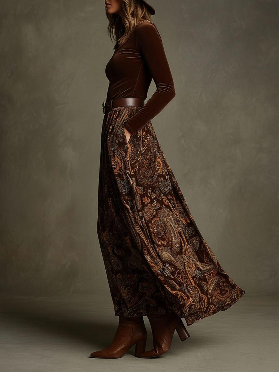 Retro Stretch Velvet Top And Paisley Print Maxi Skirt Set