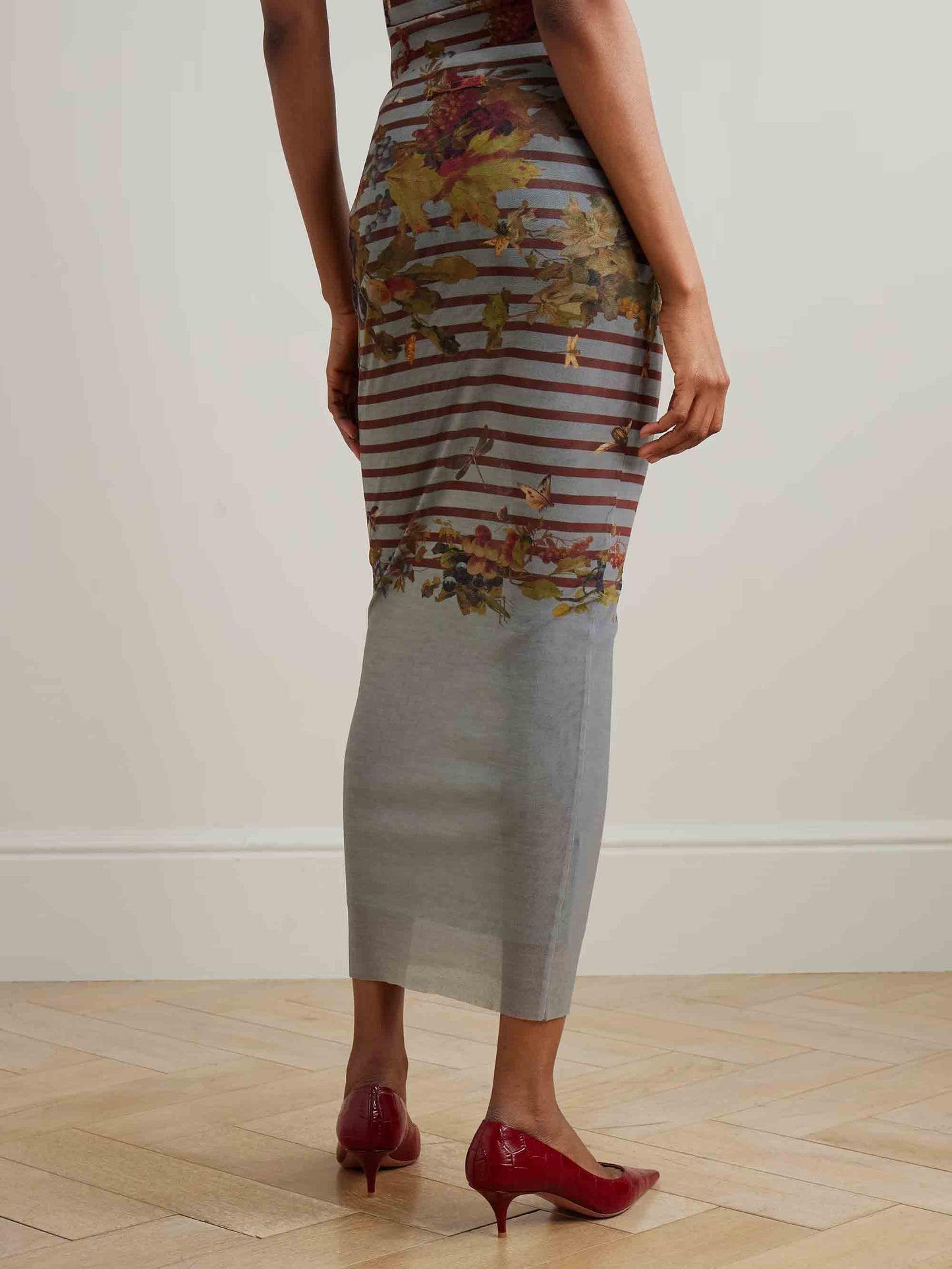 Artistic Floral Stripe Mesh Top & Midi Skirt Two-Piece Set