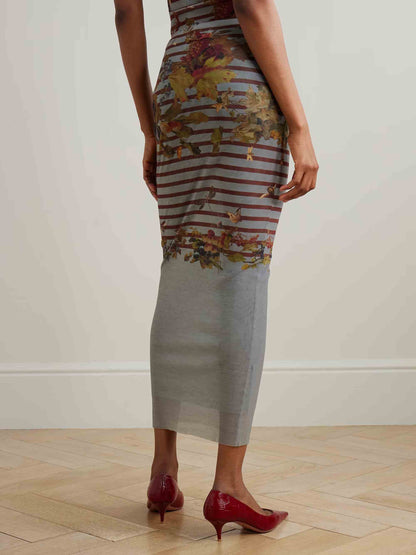 Artistic Floral Stripe Mesh Top & Midi Skirt Two-Piece Set