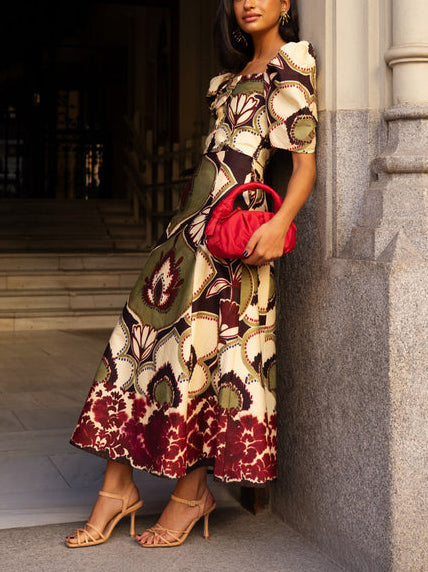 Elegant Retro Floral Puff Sleeve Skirt Two-Piece Set