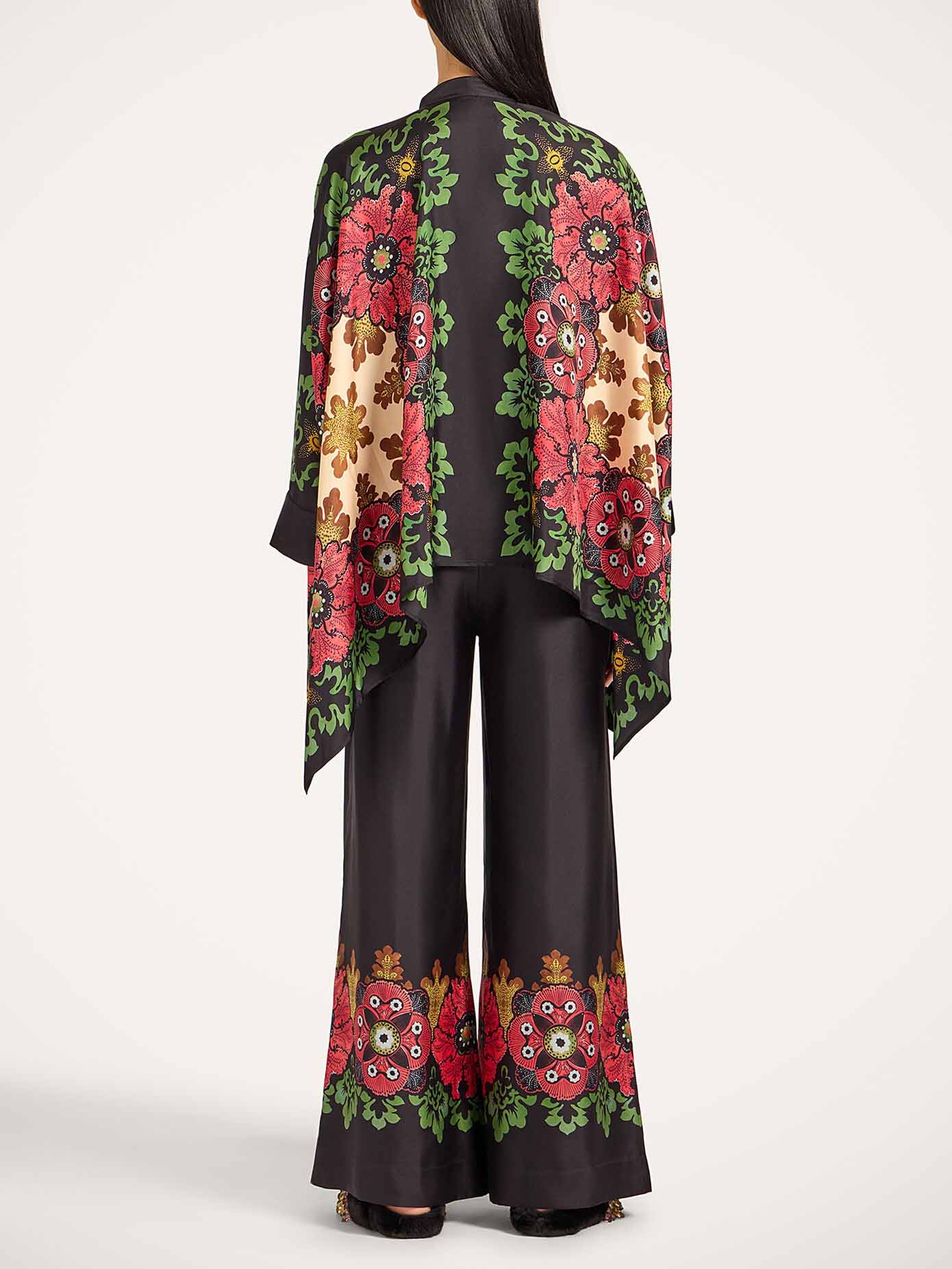 Exquisite Satin Floral Print Kimono Shirt