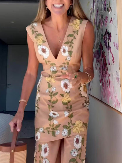 Chic Perfect Style Linen Blend Floral Midi Sleeveless Top