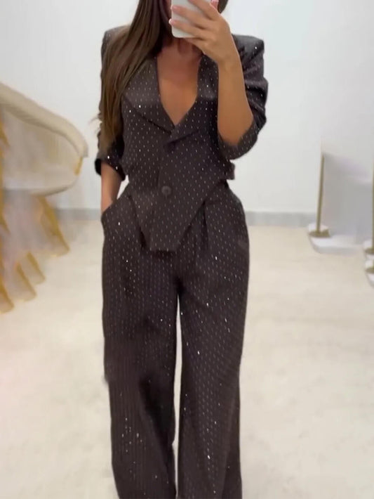 Chic Commute Lapel Asymmetric Sequin Embellished Top