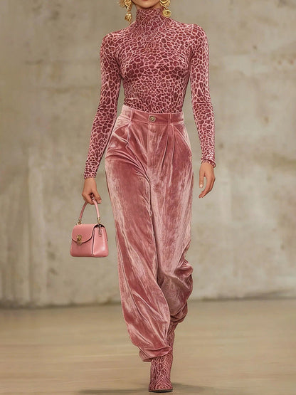 Casual Velvet Leopard Print T-Shirt And Wide-Leg Pants Two-Piece Set