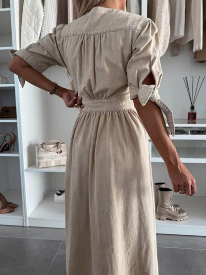 Unique Pleats Solid Color V-Neck Button-Down Denim Midi Dress