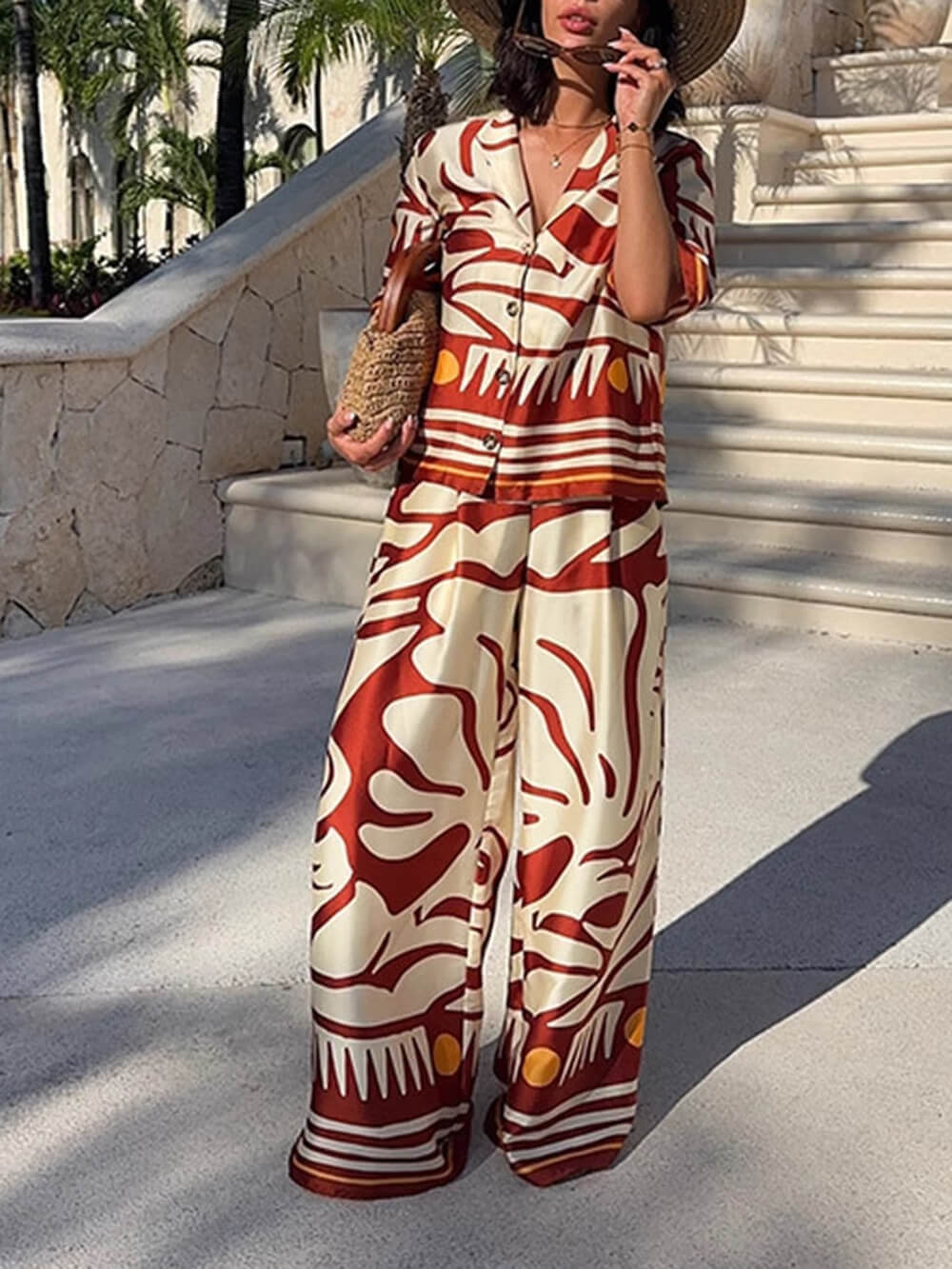 Unique Printed Lapel Satin Loose Shirt