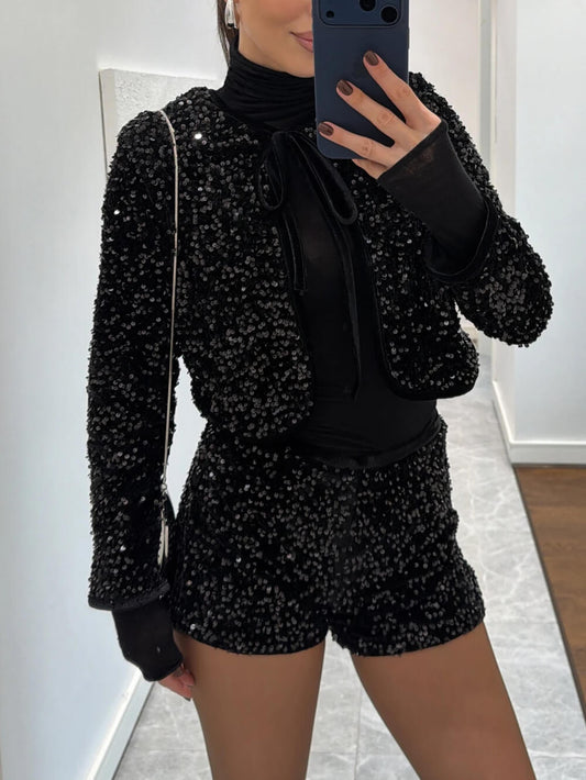 Exquisite Black Sequined Blazer and Velvet Shorts Set