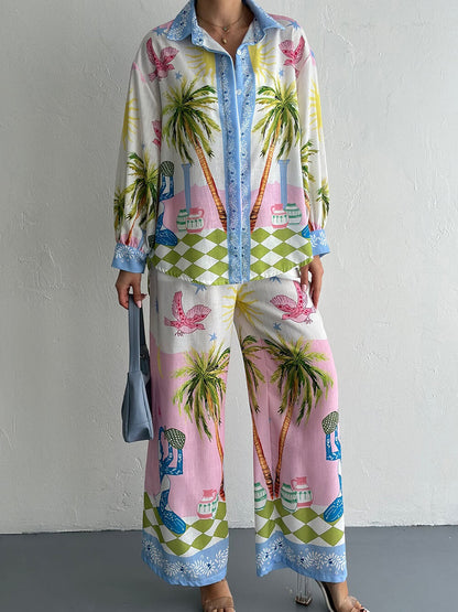 Unique Seaside Palm Tree Print Loose Button-Down Oversized Shirt