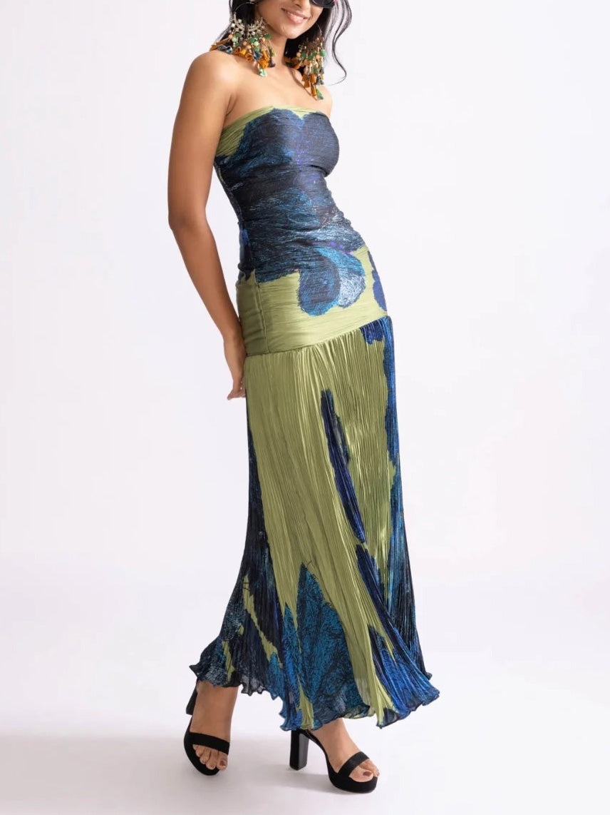 Painterly Floral Print Pleated Off-the-shoulder Maxi Dress