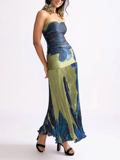 Painterly Floral Print Pleated Off-the-shoulder Maxi Dress