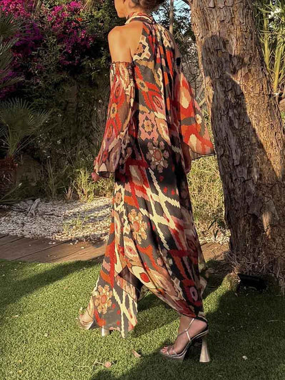 Retro Bohemian Geometric Print Convertible Sleeve Maxi Dress