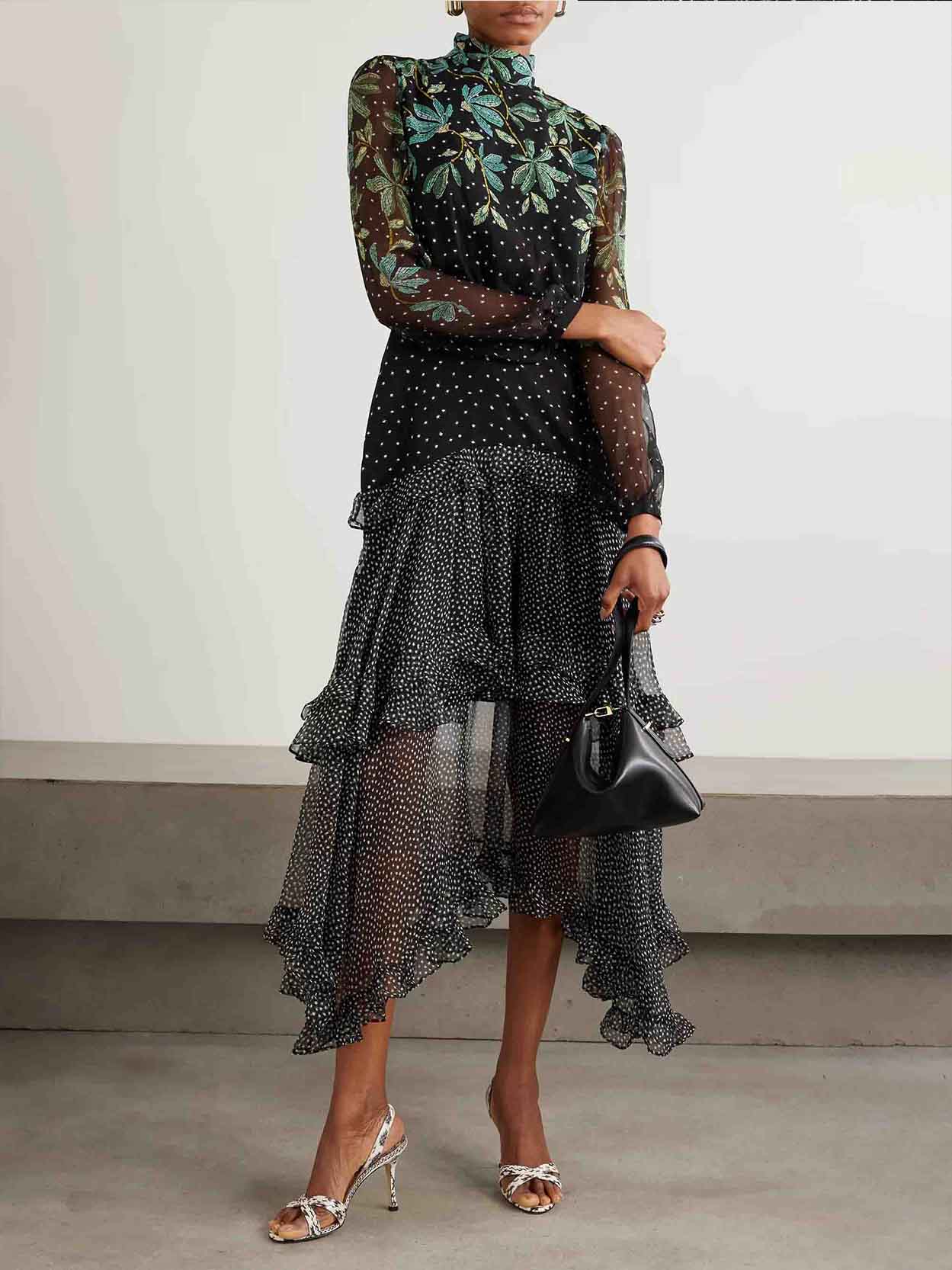 Exquisite Polka Dot Floral Print Ruffled Midi Dress