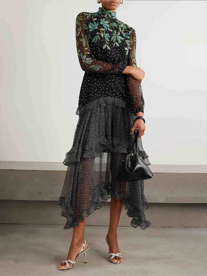 Exquisite Polka Dot Floral Print Ruffled Midi Dress