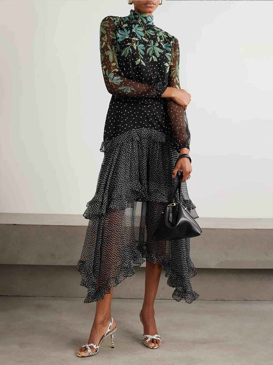 Exquisite Polka Dot Floral Print Ruffled Midi Dress