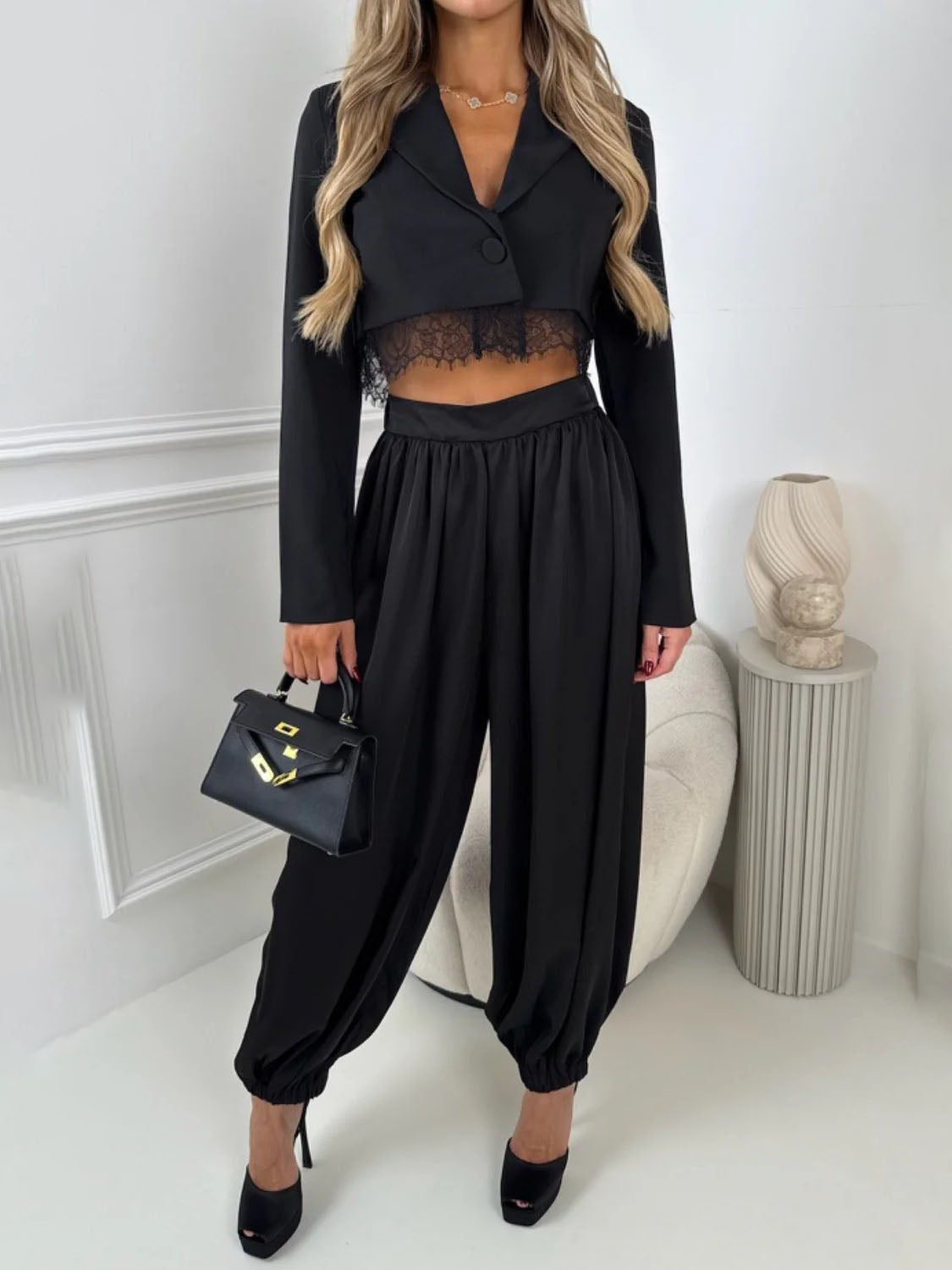 Elegant Cropped Blazer And Draped Harem Pants Two-Piece Set