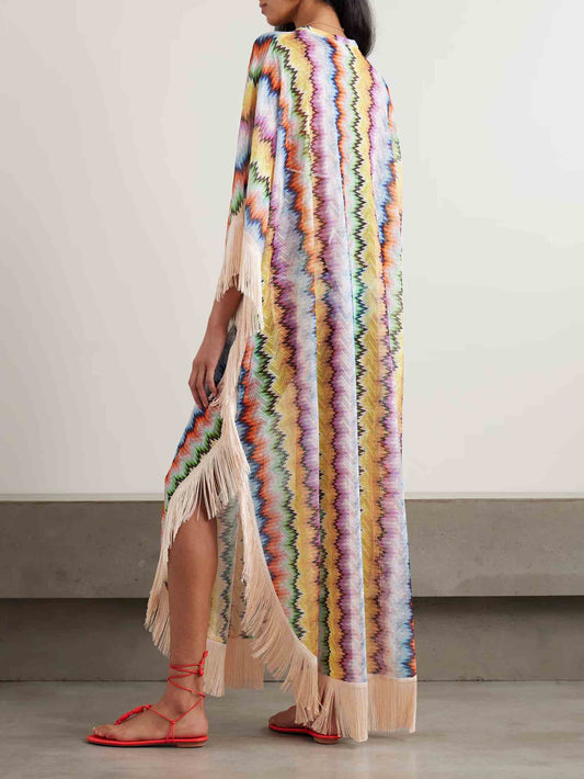Exquisite Multicolor Chevron Fringe Kaftan Maxi Dress