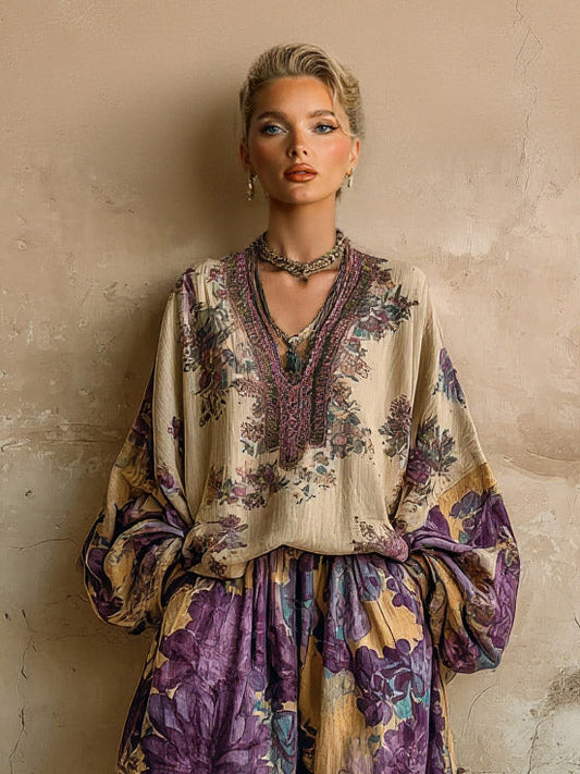 Retro Floral Embroidered Top & Wide-Leg Pants Two-Piece Set