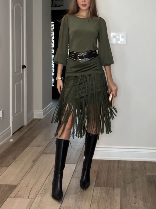 Elegant High-waisted Tassel Skirt Two-piece Set