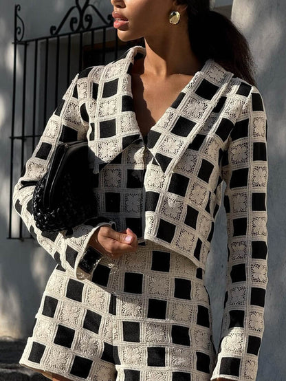 Exquisite Crochet Grid Pattern Long Sleeve Jacket