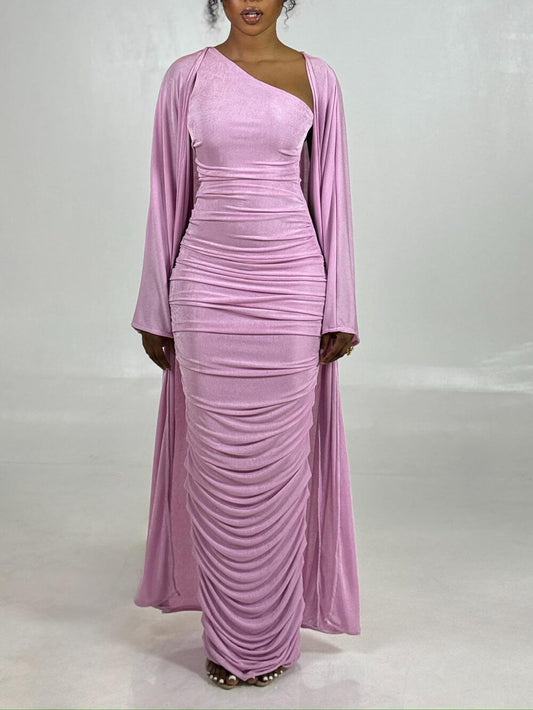 Elegant One-Shoulder Ruched Pink Maxi Dress With Long-Sleeve Cardigan Set