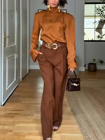 Elegant Satin High-Neck Long-Sleeve Blouse