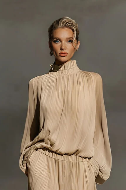 Modern Casual Chiffon Ruffle Top and Pleated Elastic-Waist Skirt Set