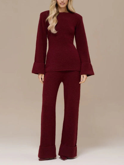 Elegant Flared Sleeve Knit Top And Pants Two-piece Set