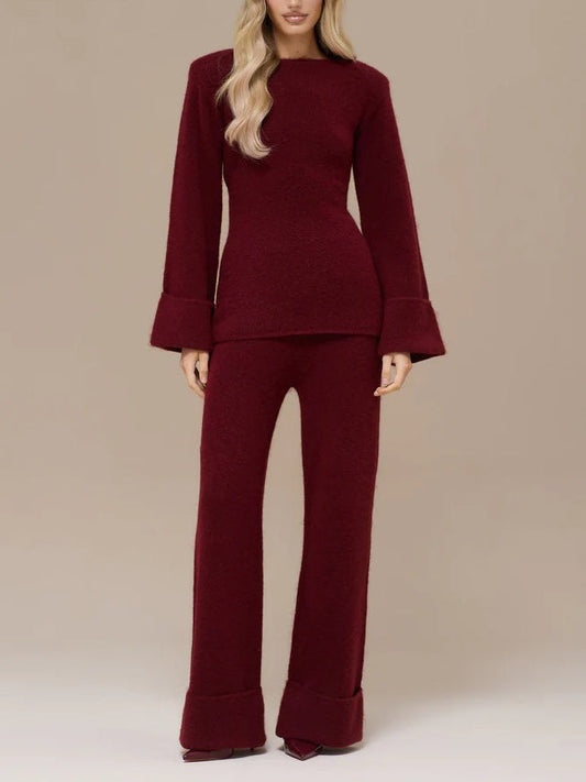 Elegant Flared Sleeve Knit Top And Pants Two-piece Set