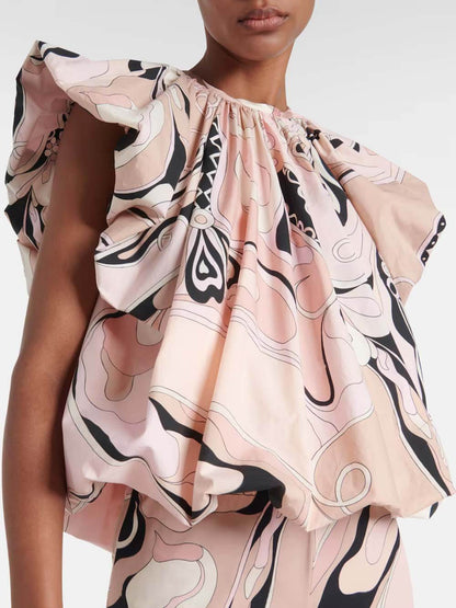 Delicate Orchid Print Bell Sleeve Pleated Top