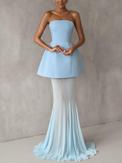 Elegant Off-the-shoulder Top And Mesh Sheer Fishtail Skirt Two-piece Set