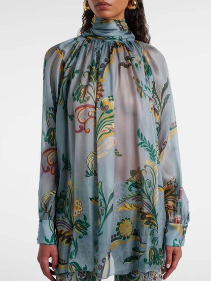 Delicate Floral Print Pleated Tie-Front Chiffon Blouse
