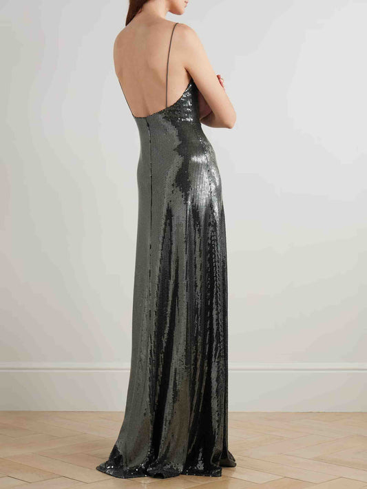 Elegant Sequined Mesh Gown Maxi Dress