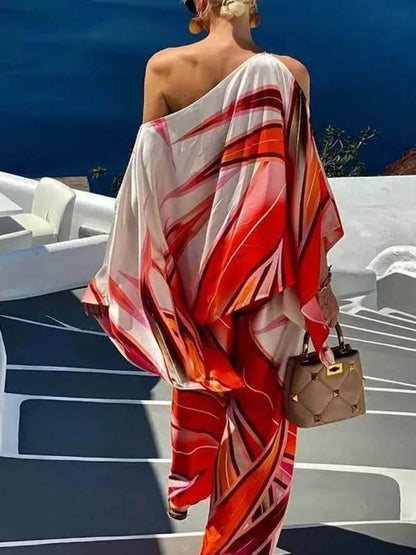 Exquisite One-Shoulder Printed Asymmetric Loose Shirt