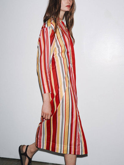 Unique Striped Print Shirt-Style Midi Dress