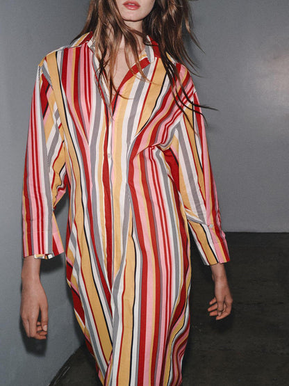 Unique Striped Print Shirt-Style Midi Dress