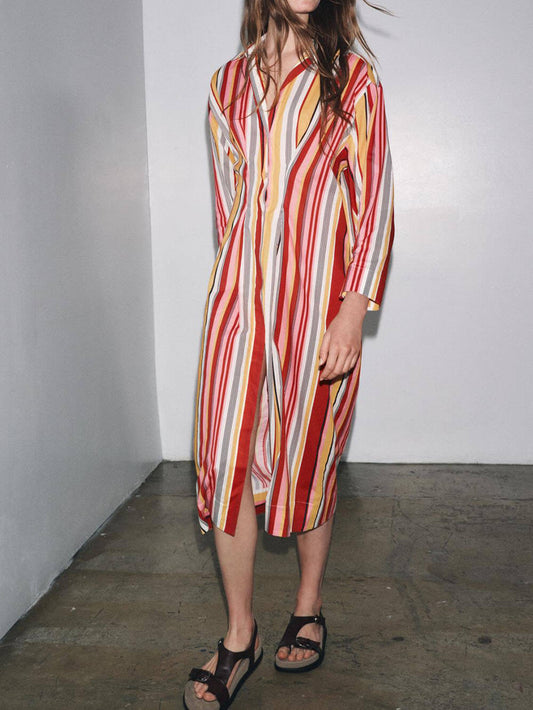 Unique Striped Print Shirt-Style Midi Dress