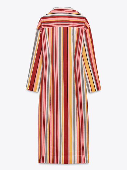 Unique Striped Print Shirt-Style Midi Dress