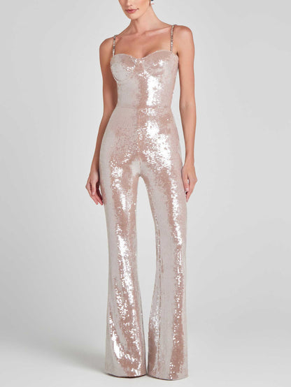 Elegant Sequined Suspender Flared Jumpsuit