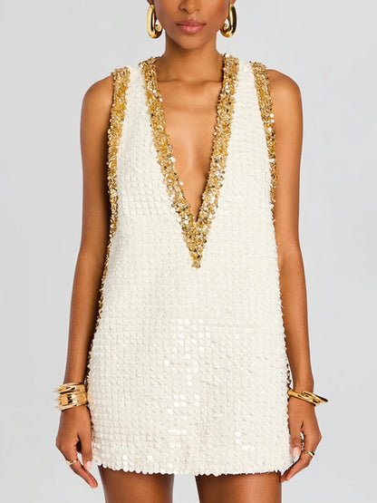 Exquisite Sequin Colorblock Trim V-neck Sleeveless A-line Mini Dress