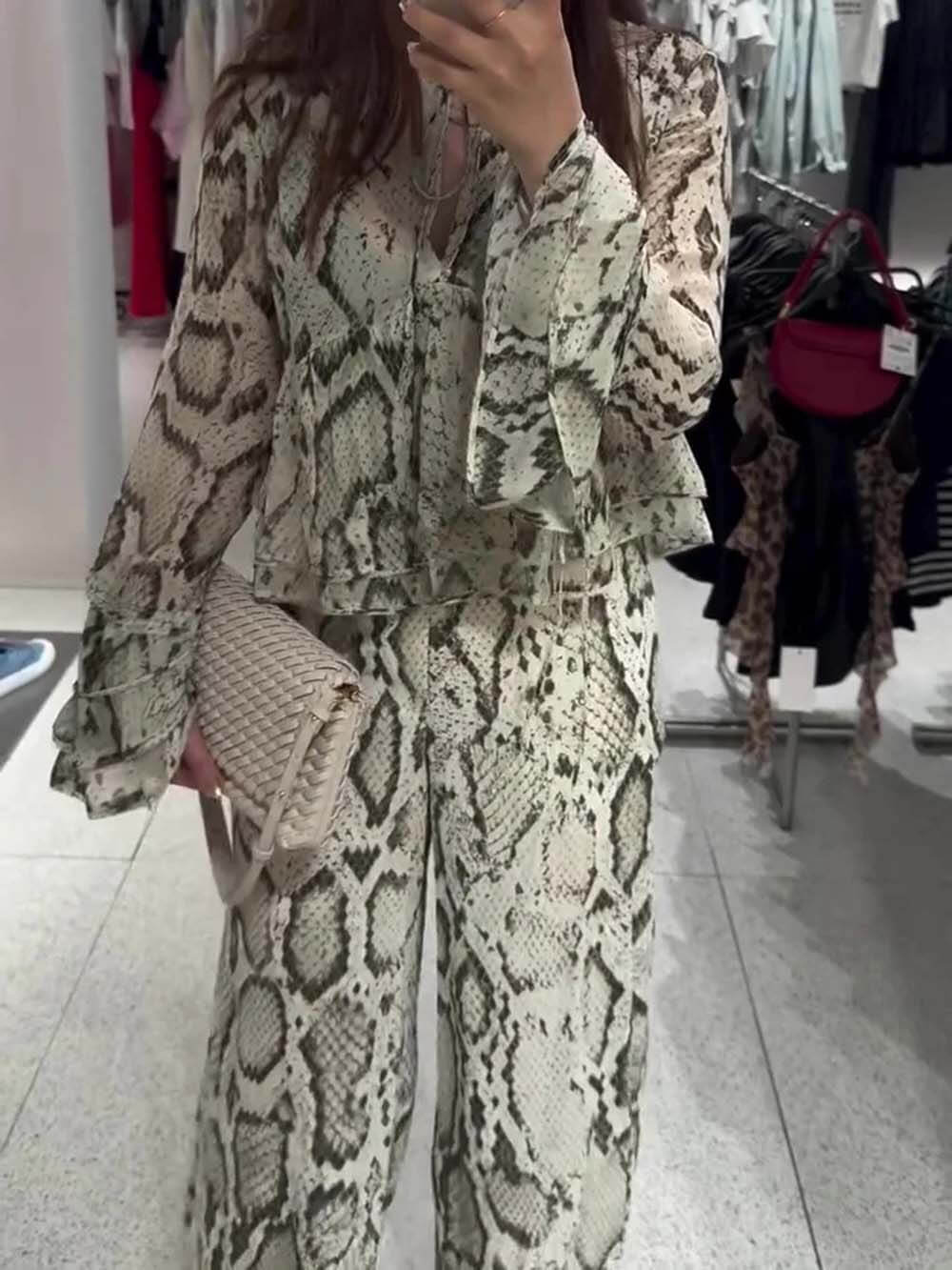 Unique Snake Print Tie-Up Long Sleeve Shirt