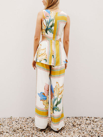 Fashionable Printed Patchwork Lace-Up Jumpsuit