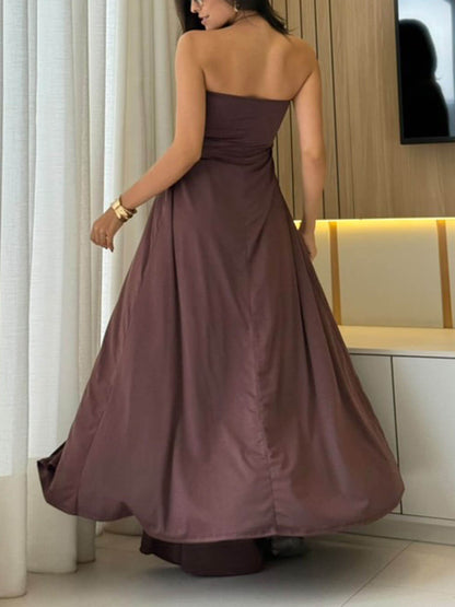 Fashion Stellah Golden Details Front Slit Midi Tube Top and Elastic Waist Wide Leg Pants Set